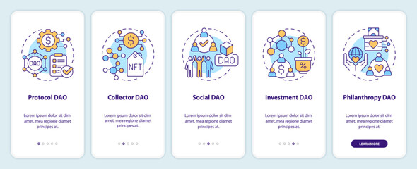 Types of DAOs onboarding mobile app screen. Internet industry walkthrough 5 steps editable graphic instructions with linear concepts. UI, UX, GUI template. Myriad Pro-Bold, Regular fonts used