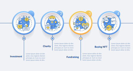 DAO usage purpose circle infographic template. Digital network. Data visualization with 4 steps. Editable timeline info chart. Workflow layout with line icons. Lato-Bold, Regular fonts used