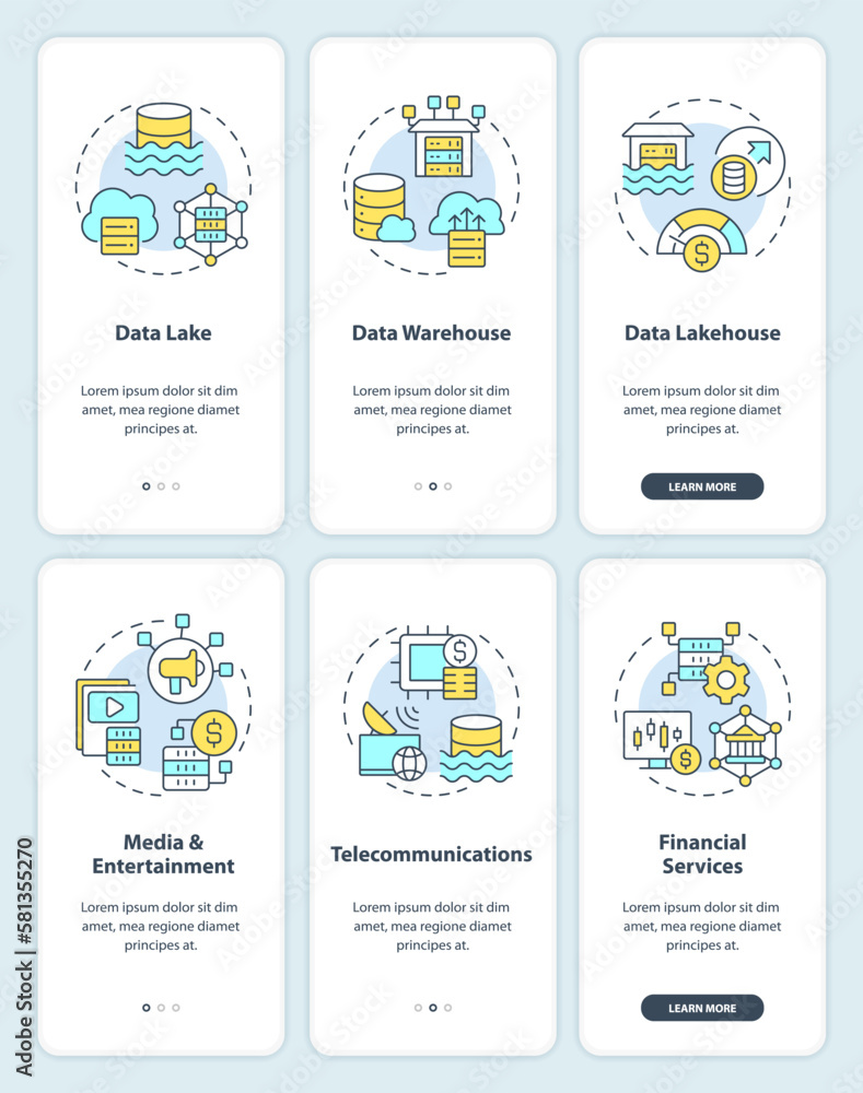 Poster data lake onboarding mobile app screens. storage usage walkthrough 3 steps editable graphic instruct