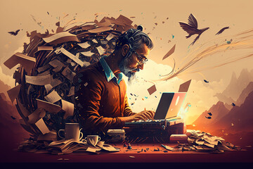 A illustration of the concept of writer's creativity and imagination. AI