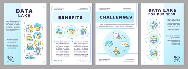 Data lake blue brochure template. Benefits and challenges. Leaflet design with linear icons. Editable 4 vector layouts for presentation, annual reports. Arial-Black, Myriad Pro-Regular fonts used