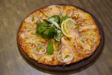 top view smoked salmon cream cheese pizza on wooden tray on wooden table background, food, italian food, nature, vegetable, copy space