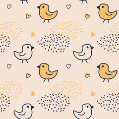 Seamless pattern with birds and hearts on a light background. Vector illustration in doodle style.