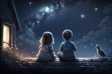 2 children are looking at the night sky, generative AI