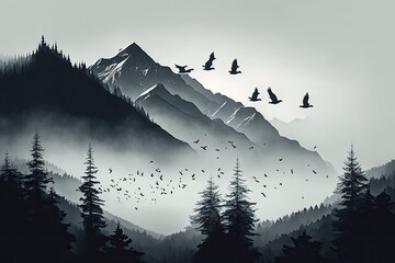Mountain silhouettes in the fog and a flying bird. Generative AI