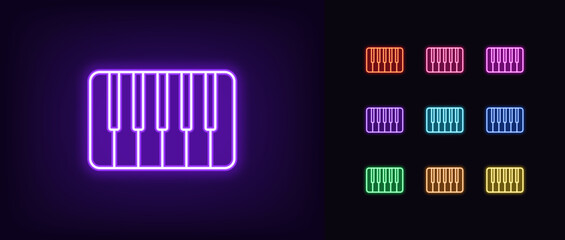 Outline neon piano icon set. Glowing neon piano keyboard sign, musical instrument pictogram. Classical music, pianoforte melody, jazz show and performance, piano keys and sound.
