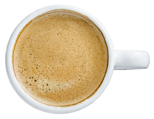 Top view flat lay of isolated white coffee cup or mug with crema, view from above