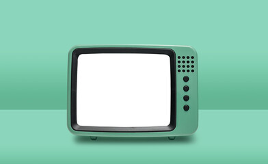 Green mint TV Retro style with blank screen using as frame design set on table isolated on green background using for graphic design.