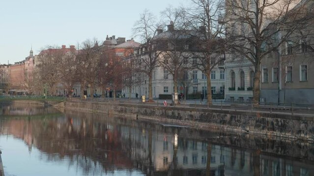 Old Buildings and Fyris River, Uppsala, Sweden, Establishing Shot