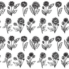  Seamless floral vector pattern with wildflowers. Silhouettes of blooming black flowers.
