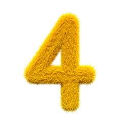 Yellow number 4 Fur 3D element render, Typography fluffy style