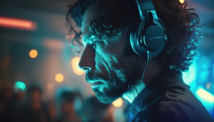 Naklejka premium DJ wearing headphones plays a set in a nightclub created with generative AI technology