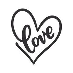 Love with heart hand drawn lettering. Phrase for Valentine's day. Ink illustration.