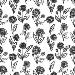  Seamless floral vector pattern with wildflowers. Silhouettes of blooming black flowers.
