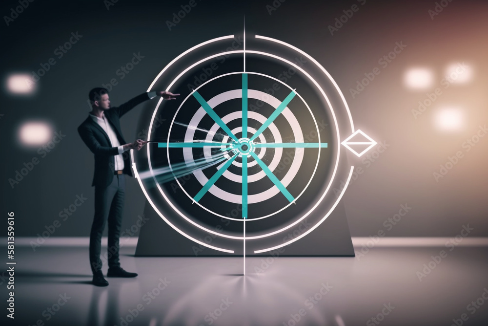 Aufkleber man holding virtual dartboard and arrow with copy space for setup business objective target concept,