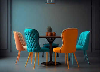 Dining room with unique, interesting, and colorful seating