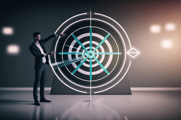 Man holding virtual dartboard and arrow with copy space for setup business objective target concept, Generative AI	