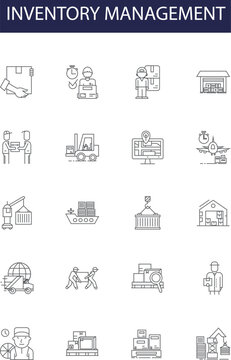 Inventory management line vector icons and signs. Control, Tracking, Storage, System, Counting, Allocation, Inventory, Monitoring outline vector illustration set