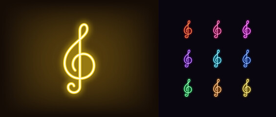 Outline neon treble clef icon set. Glowing neon music note glyph, violin key pictogram. Treble clef note, classical music and melody, symphony, musical concert and performance.