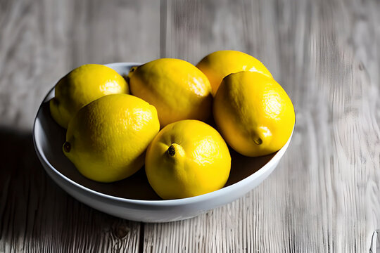 AI generated image of a bowl full of lemon fruits. Lemon is a citrus fruit that is used in culinary and non-culinary applications