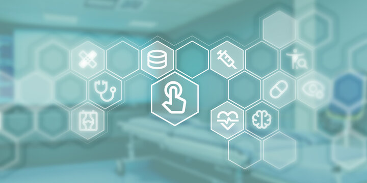 Graphic suitable as icon image for doctor and data as header. Icons for data, cloud, medicine, diagnosis and medical care in honeycomb.