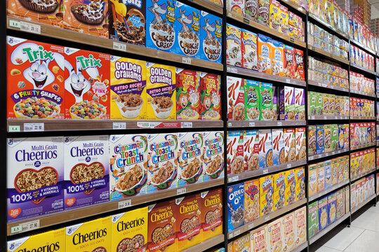 Kuala Lumpur, Malaysia - 12 Mar 2023: Various choice of flavoured breakfast cereals on store shelf in Jaya Grocer store. Jaya Grocer is the coolest fresh premium supermarket in Malaysia.