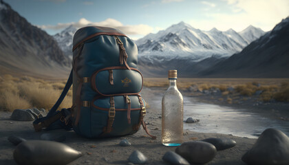 Travel backpack and bottle with water with landscape view of mountain. Tourist concept. Beautiful landscape. Generative AI