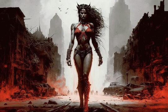 terrible female vampire demon in city. Generative AI illustration