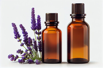 bottles of cosmetics essential oil and lavender flowers in white background