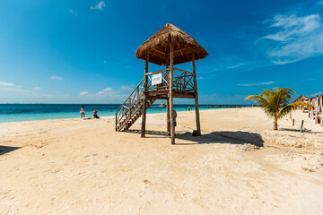 Tropical paradise beach with white sand and coco palms travel tourism wide panorama background....