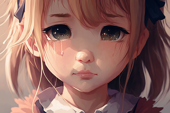 Cute sad anime girl. AI generated image.	