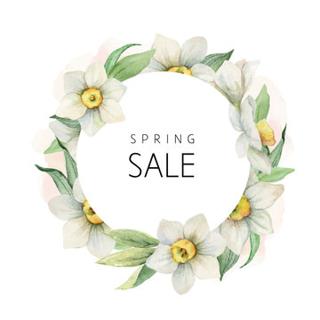 Spring sale discount vector watercolor flower frame with white flowers and greenery.