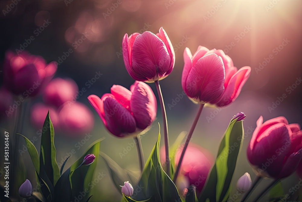 Poster close up of a springtime natural scene. Bright pink tulips growing in the summertime sun on a hazy background. Generative AI