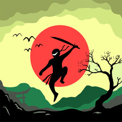 Silhouette Japanese Ninja fighting with katana. National martial arts. Nature Background.
Vector illustration