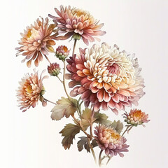 Watercolor chrysanthemums illustration.  Greeting card, invitation template. Ai generated