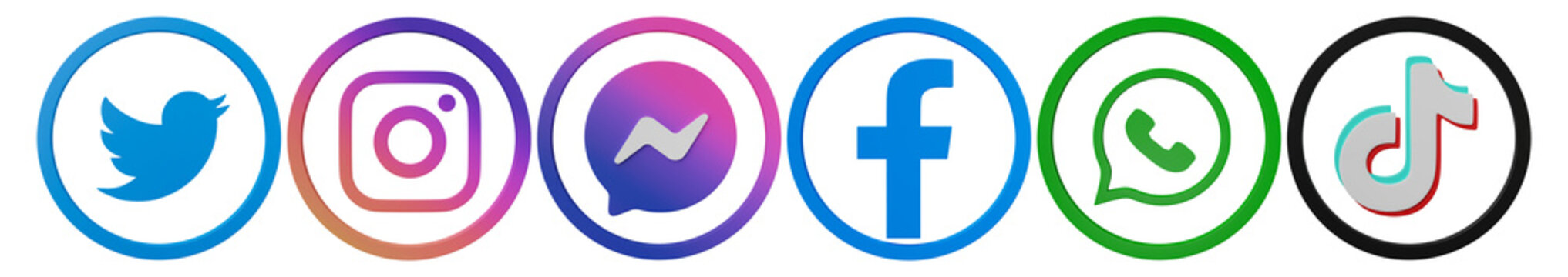 Social media icons on transparent background. Instagram, Facebook, Messenger, Twitter, TikTok, Whatsapp logo set. 3D editorial illustration.