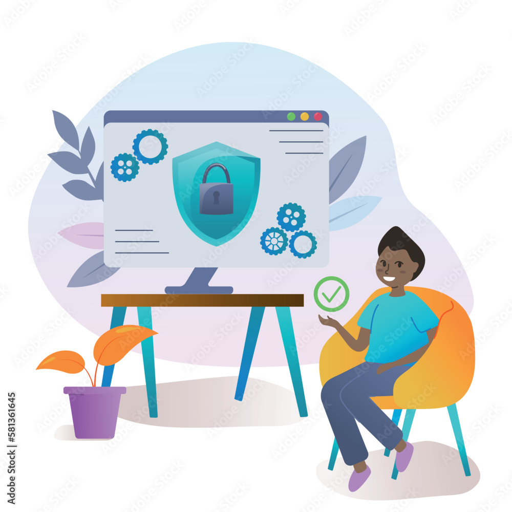 Poster cyber security and password strength concept. person secures computer with strong password. user pro