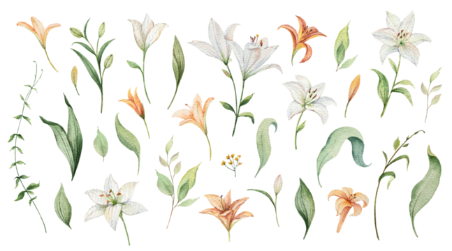 Watercolor set of flowers and lily leaves. Design for postcard illustration, date saving, greeting card, floral invitation.