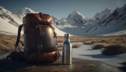 Naklejka premium Travel backpack and bottle with water with landscape view of mountain. Tourist concept. Beautiful landscape. Generative AI