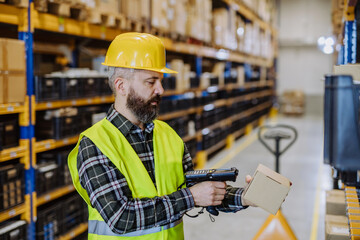 Warehouse worker checking up stuff in a warehouse.