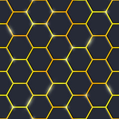 Abstract black hexagon tiles seamless pattern with shiny flares on gold yellow background. Modern technology luminous cells texture. Vector glowing game, medical, honeycomb hexagon background.