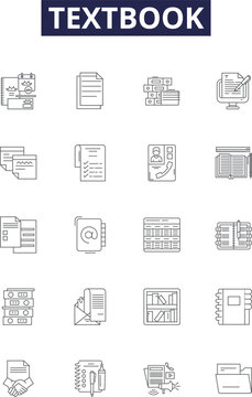 Textbook line vector icons and signs. Manual, Guide, Primer, Study, Reference, Publication, Material, Instruction outline vector illustration set