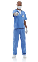 Protected against germs. Studio shot of a surgeon wearing his protective gear and pointing at the camera.