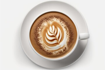 hot coffee cappuccino cup in top view, isolated on white background. Generative AI