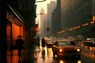 Scenes from the life of a city. streets in the rain. new york, 1950s, ai generative
