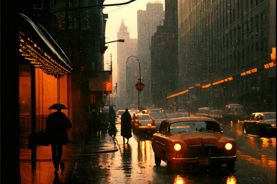 Scenes from the life of a city. streets in the rain. new york, 1950s, ai generative