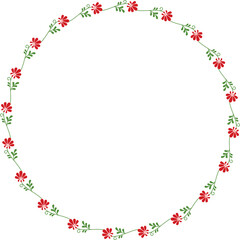 Vector hand drawn wreath. Round floral frame of branches with red flowers.