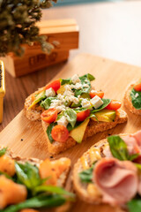 Delicious gourmet healthy toasts in wood table
