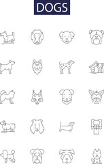 Dogs line vector icons and signs. Hound, Pup, Mutt, Labrador, Terrier, Poodle, Harrier, Spaniel outline vector illustration set