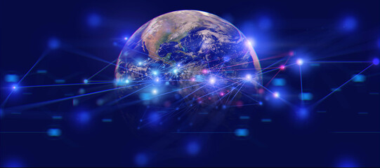 earth and network of internet satellite for telecom,globe data cloud storage of 5g, global networking of social data communication ,Element of this images furnished by NASA